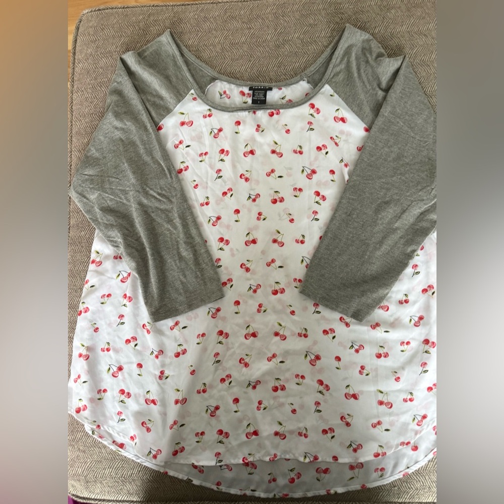 Torrid Cherry Print Top with Gray Accents